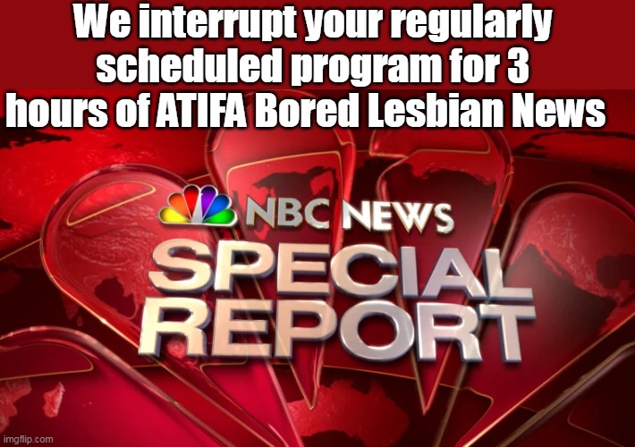 SO SICK of the "Winter of Love" already Could they be NORMAL for 5 minutes? | We interrupt your regularly scheduled program for 3 hours of ATIFA Bored Lesbian News | image tagged in nbc special report antifa minnesota meme | made w/ Imgflip meme maker