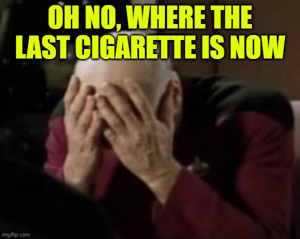 Captain Picard Double Facepalm | OH NO, WHERE THE LAST CIGARETTE IS NOW | image tagged in captain picard double facepalm | made w/ Imgflip meme maker