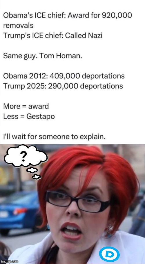 Please.  Explain how lib insanity makes any sense. | ? | image tagged in big red feminist 2,memes,tom homan,democrats,illegal immigrants,hypocrisy | made w/ Imgflip meme maker
