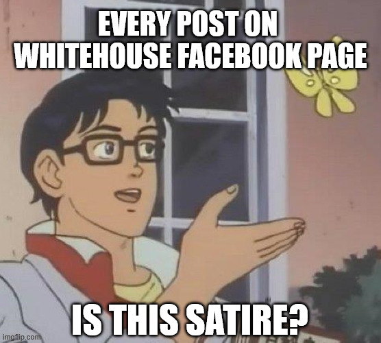 Whitehouse Facebook page | EVERY POST ON 
WHITEHOUSE FACEBOOK PAGE; IS THIS SATIRE? | image tagged in memes,is this a pigeon,politics,political meme | made w/ Imgflip meme maker