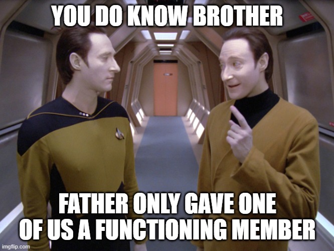 And That Was Clearly Data | YOU DO KNOW BROTHER; FATHER ONLY GAVE ONE OF US A FUNCTIONING MEMBER | image tagged in star trek - data and lore | made w/ Imgflip meme maker