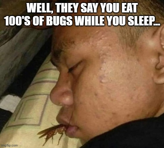Sleeping Bug | WELL, THEY SAY YOU EAT 100'S OF BUGS WHILE YOU SLEEP... | image tagged in cursed image | made w/ Imgflip meme maker