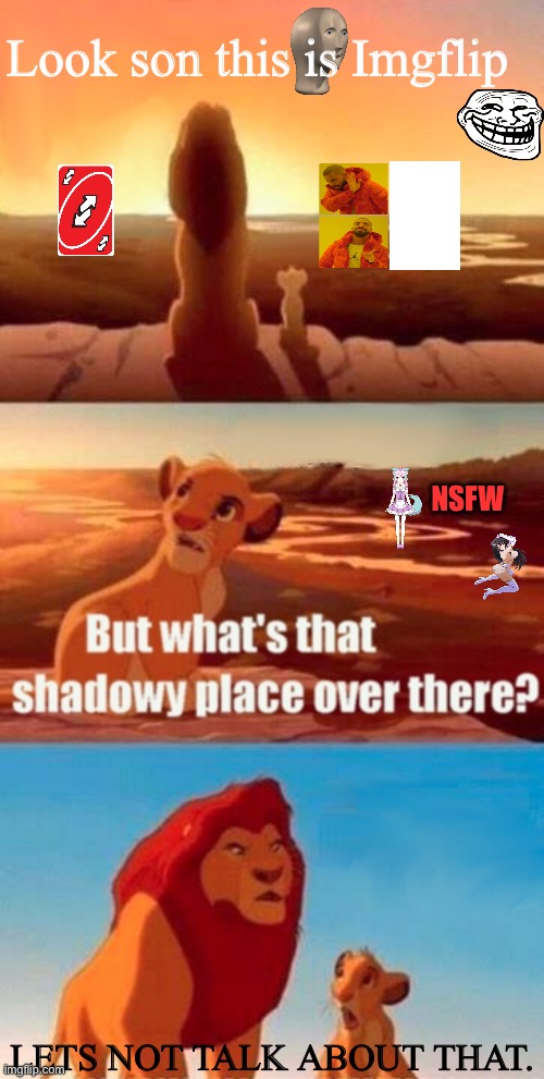NEXT QUESTION. | Look son this is Imgflip; NSFW; LETS NOT TALK ABOUT THAT. | image tagged in memes,simba shadowy place,funny memes,gifs,nsfw,imgflip | made w/ Imgflip meme maker