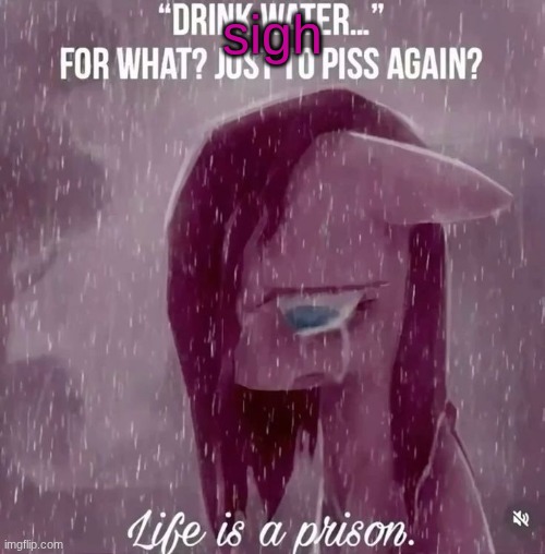 drink water... for what? just to piss again? life is a prison | sigh | image tagged in drink water for what just to piss again life is a prison | made w/ Imgflip meme maker
