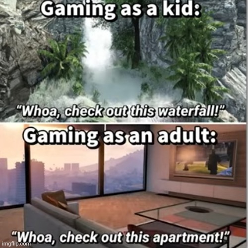 image tagged in gaming,relatable,kids,adults,waterfall,apartment | made w/ Imgflip meme maker