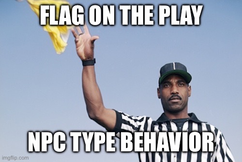 my god user ohio_sussy is such an npc | FLAG ON THE PLAY; NPC TYPE BEHAVIOR | image tagged in flag on the play | made w/ Imgflip meme maker