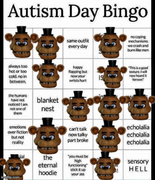 My autism chart (sorry I have a FNAF Phase) | image tagged in autism bingo | made w/ Imgflip meme maker