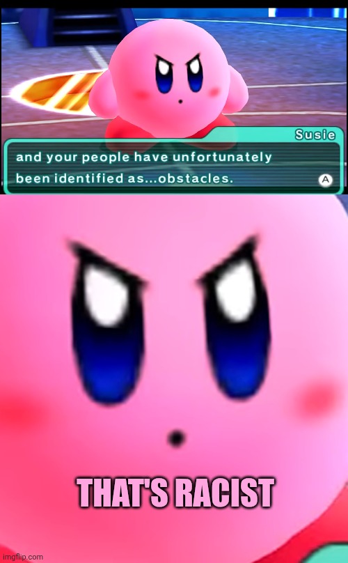 Kirby is offended | THAT'S RACIST | image tagged in funny memes | made w/ Imgflip meme maker