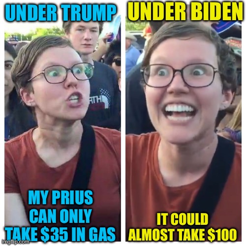 Social Justice Warrior Hypocrisy | UNDER BIDEN; UNDER TRUMP; IT COULD ALMOST TAKE $100; MY PRIUS CAN ONLY TAKE $35 IN GAS | image tagged in social justice warrior hypocrisy | made w/ Imgflip meme maker