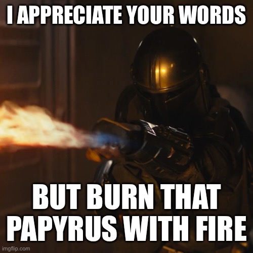 Mandalorian Flamethrower | I APPRECIATE YOUR WORDS BUT BURN THAT PAPYRUS WITH FIRE | image tagged in mandalorian flamethrower | made w/ Imgflip meme maker