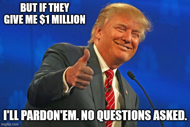 BUT IF THEY GIVE ME $1 MILLION I'LL PARDON'EM. NO QUESTIONS ASKED. | image tagged in trump winning smarmy grinning | made w/ Imgflip meme maker