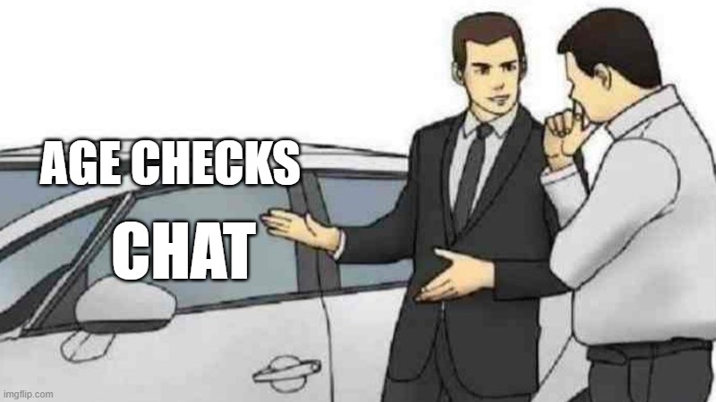 Car Salesman Slaps Roof Of Car Meme | AGE CHECKS; CHAT | image tagged in memes,car salesman slaps roof of car | made w/ Imgflip meme maker