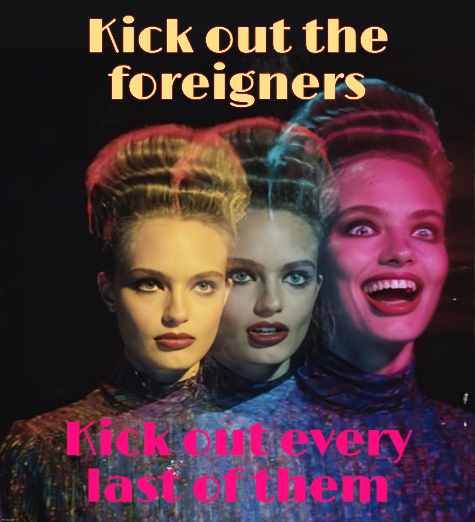 Hardy har har II | Kick out the
foreigners; Kick out every
last of them | image tagged in hardy har har ii | made w/ Imgflip meme maker
