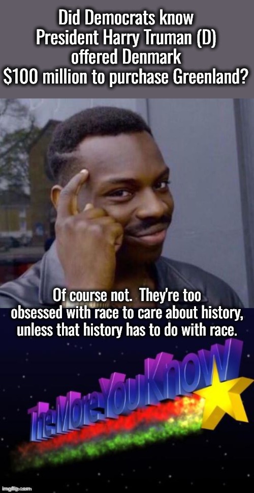 It's only acceptable if a Democrat does it.  Right???  Republicans are not allowed to accomplish what Dems fail to do. | Did Democrats know
President Harry Truman (D)
offered Denmark
$100 million to purchase Greenland? Of course not.  They're too obsessed with race to care about history, unless that history has to do with race. | image tagged in dems hate america,dems want to destroy america | made w/ Imgflip meme maker