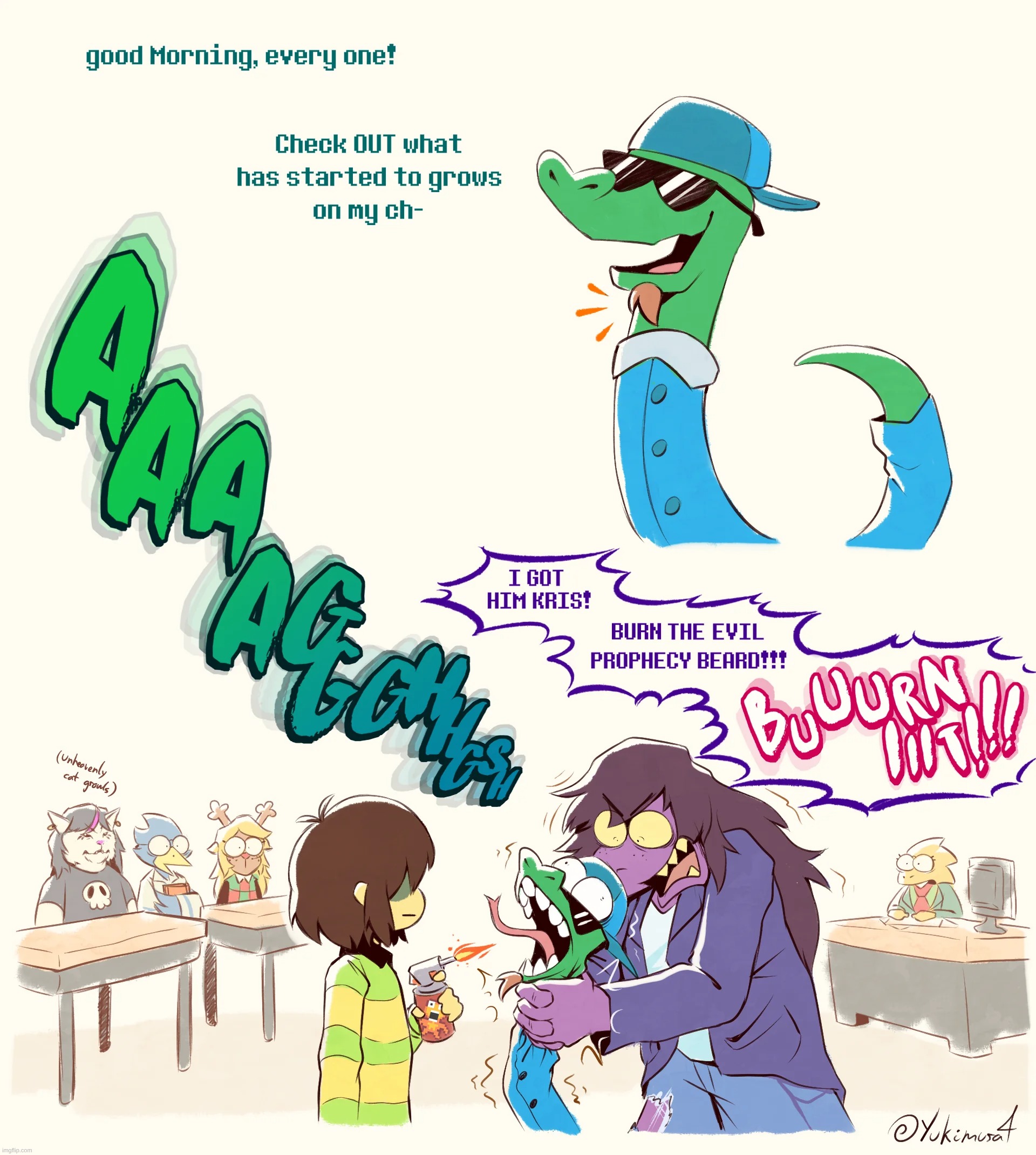 Spoilers for Chapter 6 | image tagged in deltarune,prophecy,jockington grows the beard,kris,susie,burn it | made w/ Imgflip meme maker