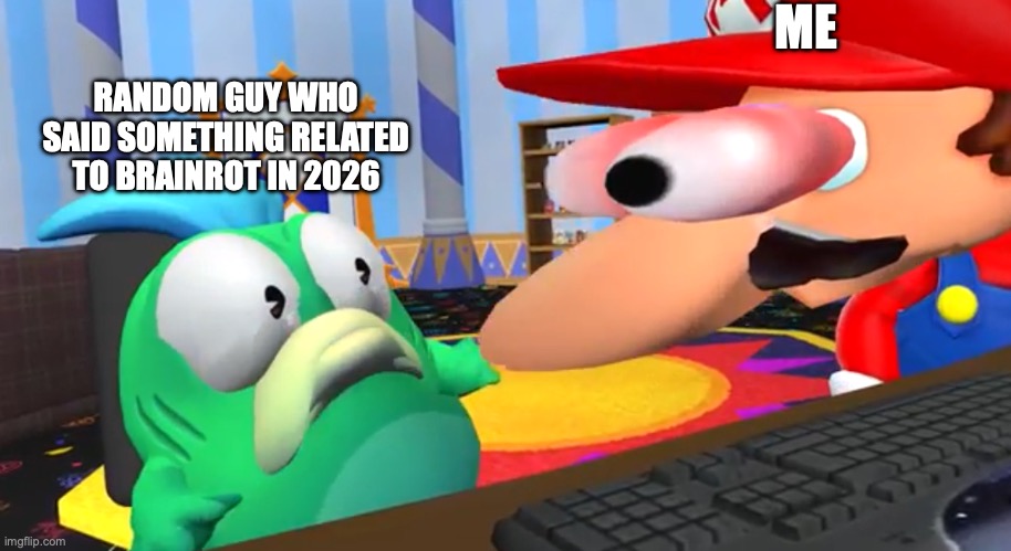Just to confirm that brainrot is fully gone from the universe. | ME; RANDOM GUY WHO SAID SOMETHING RELATED TO BRAINROT IN 2026 | image tagged in mario stare at bookin,smg4 | made w/ Imgflip meme maker