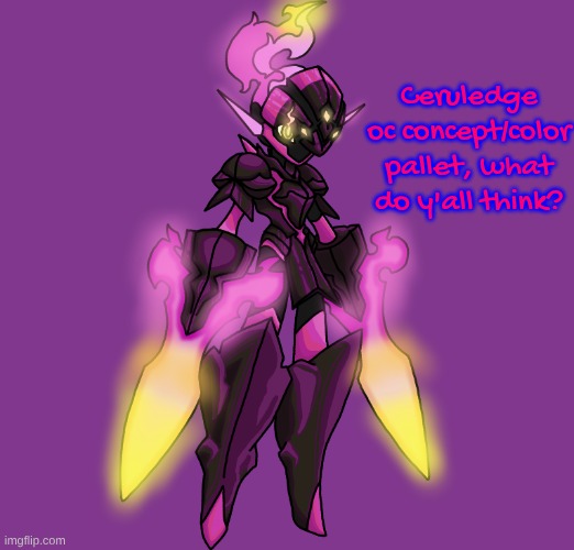 Imma give hime that red thing Darkrai has around the neck, and some other changes (like hands) | Ceruledge oc concept/color pallet, what do y'all think? | made w/ Imgflip meme maker