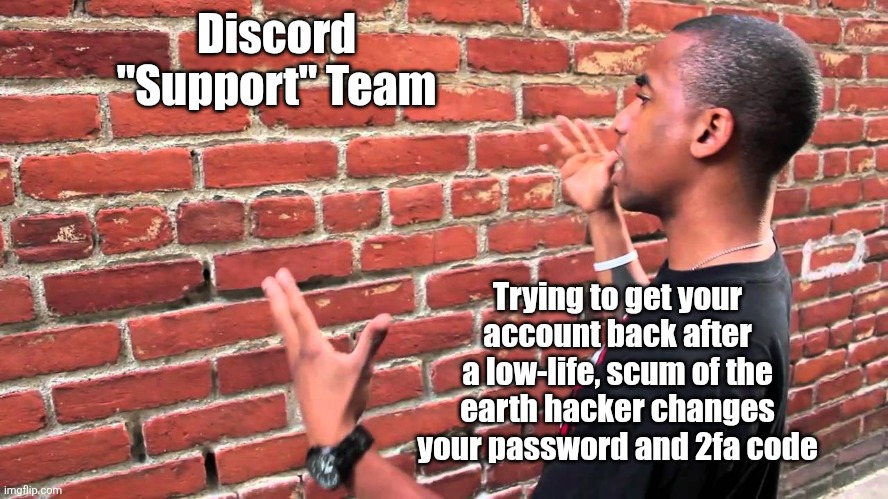 Definitely not based on past experience or anything | Discord "Support" Team; Trying to get your account back after a low-life, scum of the earth hacker changes your password and 2fa code | image tagged in talking to wall,discord | made w/ Imgflip meme maker