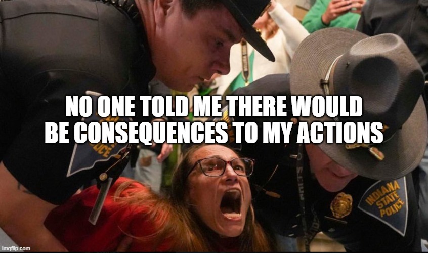 25 screaming liberal meme template | NO ONE TOLD ME THERE WOULD BE CONSEQUENCES TO MY ACTIONS | image tagged in 25 screaming liberal meme template | made w/ Imgflip meme maker