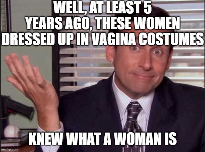 Michael Scott | WELL, AT LEAST 5 YEARS AGO, THESE WOMEN DRESSED UP IN VAGINA COSTUMES KNEW WHAT A WOMAN IS | image tagged in michael scott | made w/ Imgflip meme maker