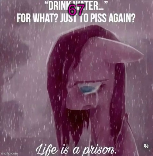 drink water... for what? just to piss again? life is a prison | 67 | image tagged in drink water for what just to piss again life is a prison | made w/ Imgflip meme maker