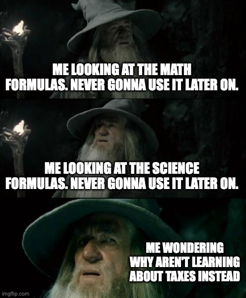 Confused Gandalf | ME LOOKING AT THE MATH FORMULAS. NEVER GONNA USE IT LATER ON. ME LOOKING AT THE SCIENCE FORMULAS. NEVER GONNA USE IT LATER ON. ME WONDERING WHY AREN'T LEARNING ABOUT TAXES INSTEAD | image tagged in memes,confused gandalf | made w/ Imgflip meme maker