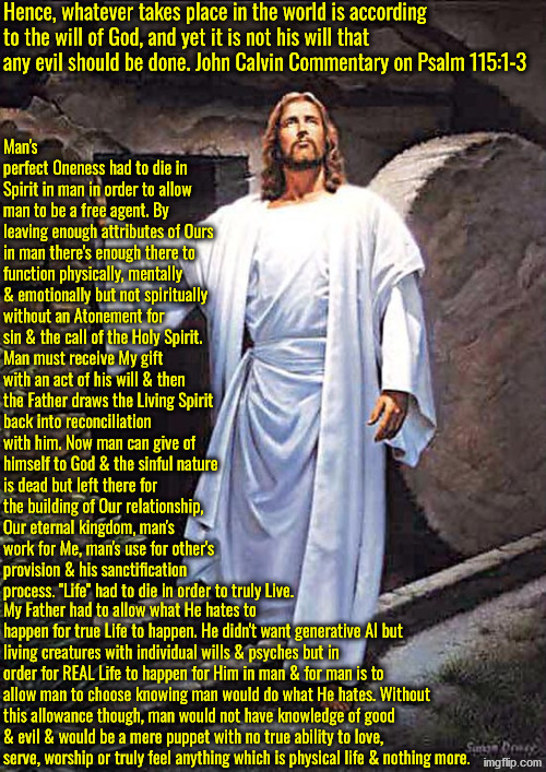 This was the only way God could have a real living creature and He's not less sovereign | image tagged in calvinism,calvinist memes,anti calvinism,reformed theology,the spirit had to die for the soul to truly live,calvin vs beza | made w/ Imgflip meme maker