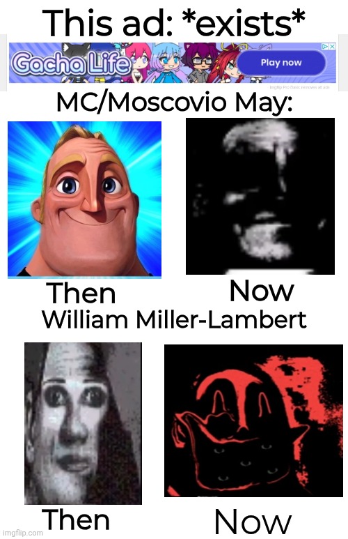 This ad: *exists* MC/Moscovio May: Then Now William Miller-Lambert Then Now | image tagged in blank white template | made w/ Imgflip meme maker