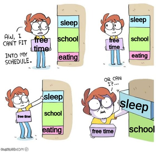 Schedule meme | sleep; sleep; school; school; free time; free time; eating; eating; sleep; sleep; school; free time; school; eating; free time | image tagged in schedule meme | made w/ Imgflip meme maker