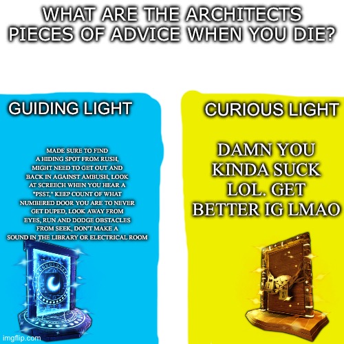 A meme for every entity every day 31: Guiding Light and Curious Light | WHAT ARE THE ARCHITECTS PIECES OF ADVICE WHEN YOU DIE? GUIDING LIGHT; CURIOUS LIGHT; DAMN YOU KINDA SUCK LOL. GET BETTER IG LMAO; MADE SURE TO FIND A HIDING SPOT FROM RUSH, MIGHT NEED TO GET OUT AND BACK IN AGAINST AMBUSH, LOOK AT SCREECH WHEN YOU HEAR A "PSST," KEEP COUNT OF WHAT NUMBERED DOOR YOU ARE TO NEVER GET DUPED, LOOK AWAY FROM EYES, RUN AND DODGE OBSTACLES FROM SEEK, DON'T MAKE A SOUND IN THE LIBRARY OR ELECTRICAL ROOM | image tagged in roblox doors,guiding light,curious light,mario bros views | made w/ Imgflip meme maker