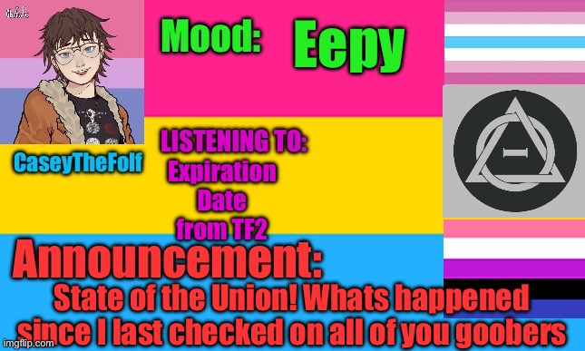 Hai :3 | Eepy; Expiration Date from TF2; State of the Union! Whats happened since I last checked on all of you goobers | image tagged in caseythefolf2 temp v4 | made w/ Imgflip meme maker