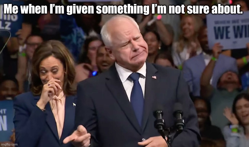 Tim Walz and Kamala Harris | Me when I’m given something I’m not sure about. | image tagged in tim walz and kamala harris | made w/ Imgflip meme maker