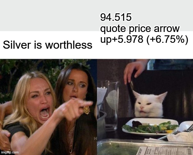 Paper silver is worthless ,other then swing trading it . then use profits to buy hard assets ,that's what the rich do. | 94.515
quote price arrow up+5.978 (+6.75%); Silver is worthless | image tagged in memes,woman yelling at cat | made w/ Imgflip meme maker