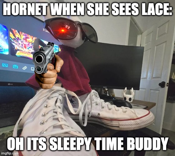 Hornet vs Lace | HORNET WHEN SHE SEES LACE:; OH ITS SLEEPY TIME BUDDY | image tagged in cool hornet,hollow knight,silksong | made w/ Imgflip meme maker