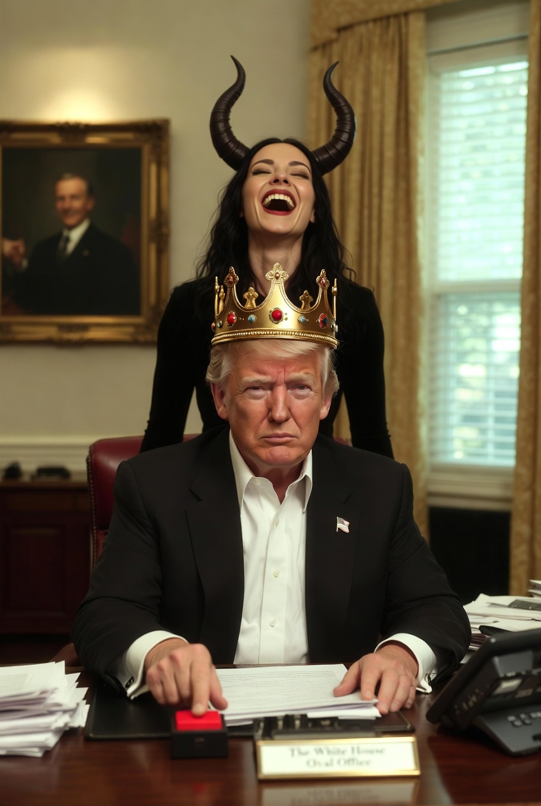 King Donald Trump pressing Red Button Satan lauging Blank Meme Template