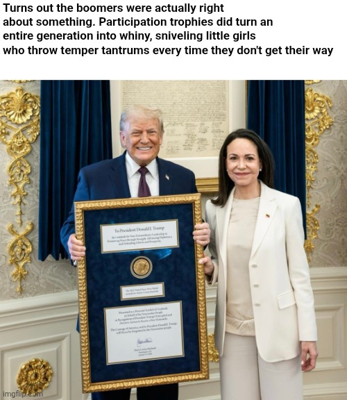 Turns out the boomers were actually right about something. Participation trophies did turn an entire generation into whiny, sniveling little girls who throw temper tantrums every time they don't get their way | image tagged in scumbag republicans,terror,trailer trash,conservative hypocrisy,pedophiles,jeffrey epstein | made w/ Imgflip meme maker