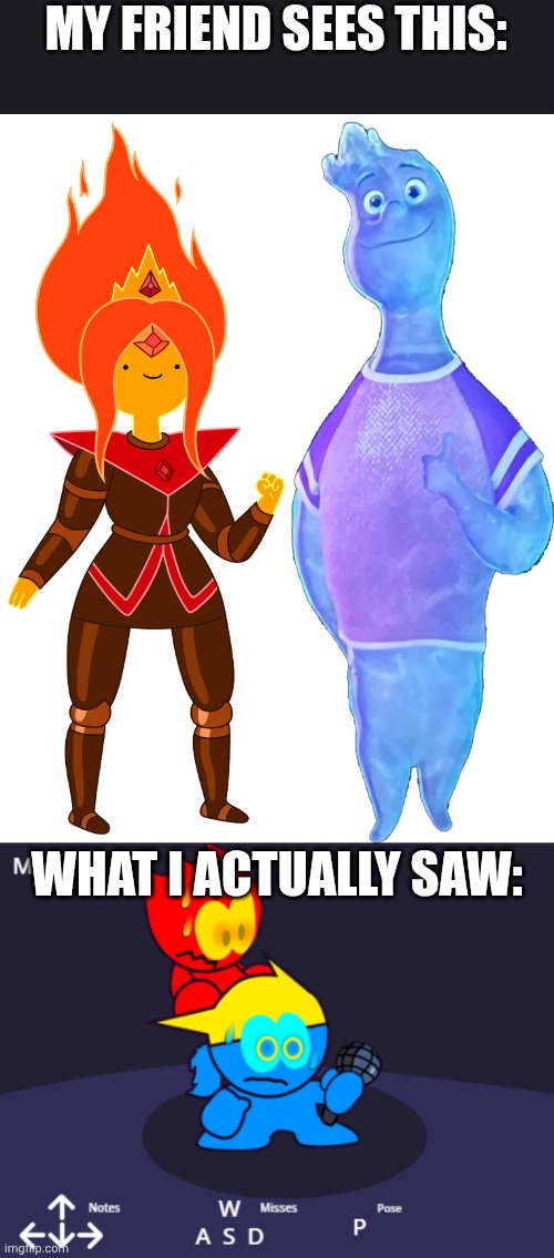 The hell? | MY FRIEND SEES THIS:; WHAT I ACTUALLY SAW: | image tagged in flame princess,wade ripple,fire boy and water girl,funny,weird | made w/ Imgflip meme maker