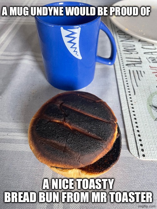 A MUG UNDYNE WOULD BE PROUD OF A NICE TOASTY BREAD BUN FROM MR TOASTER | made w/ Imgflip meme maker