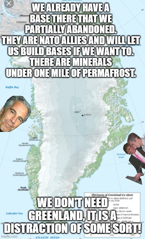 It is a distraction! | WE ALREADY HAVE A BASE THERE THAT WE PARTIALLY ABANDONED.
THEY ARE NATO ALLIES AND WILL LET US BUILD BASES IF WE WANT TO.
THERE ARE MINERALS UNDER ONE MILE OF PERMAFROST. WE DON'T NEED GREENLAND, IT IS A DISTRACTION OF SOME SORT! | image tagged in greenland,maga,donald trump,trump,jeffrey epstein,epstein | made w/ Imgflip meme maker