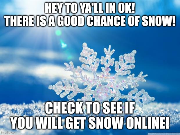 I LOOOOOOOVE snow! Best thing ever. but be careful! temps are supposed to drop a lot!!!!! | HEY TO YA'LL IN OK! THERE IS A GOOD CHANCE OF SNOW! CHECK TO SEE IF YOU WILL GET SNOW ONLINE! | image tagged in snowflake,love ya'll,stay safe,snow | made w/ Imgflip meme maker