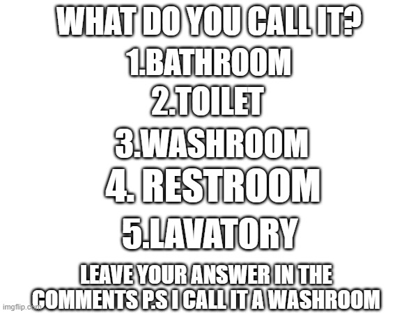 Leave the answer in the comments | WHAT DO YOU CALL IT? 1.BATHROOM; 2.TOILET; 3.WASHROOM; 4. RESTROOM; 5.LAVATORY; LEAVE YOUR ANSWER IN THE COMMENTS P.S I CALL IT A WASHROOM | image tagged in words | made w/ Imgflip meme maker