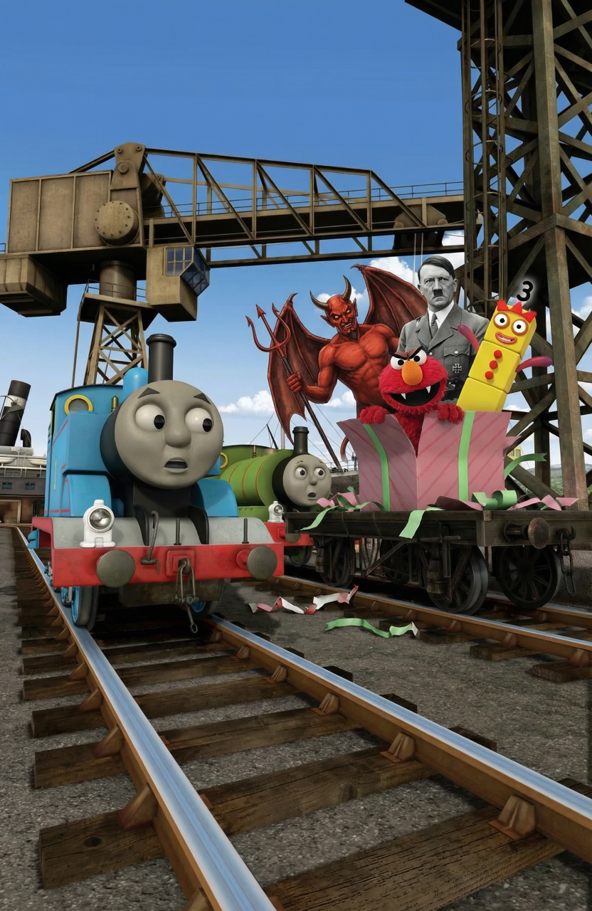 Evil Elmo, Adolf Hitler, Satan, and 3 come out of present Blank Meme Template