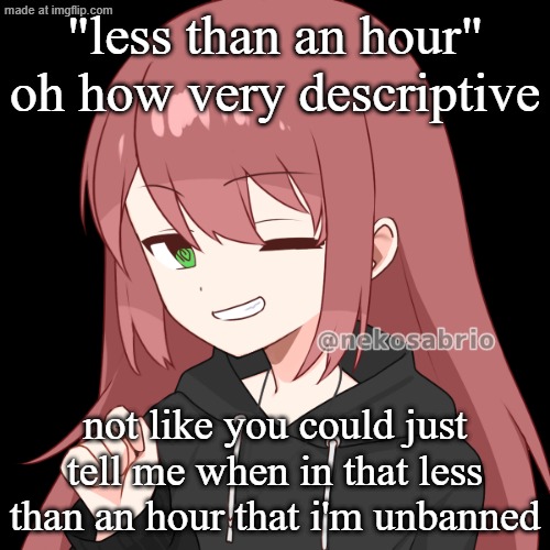 eldritch dragnoc | "less than an hour" oh how very descriptive; not like you could just tell me when in that less than an hour that i'm unbanned | image tagged in eldritch dragnoc | made w/ Imgflip meme maker
