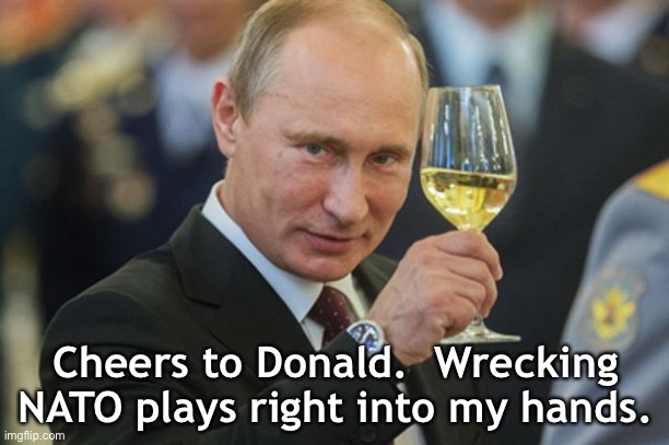 Putin loves it.  The best part is he doesn't have to do a thing. | Cheers to Donald.  Wrecking NATO plays right into my hands. | image tagged in putin cheers | made w/ Imgflip meme maker