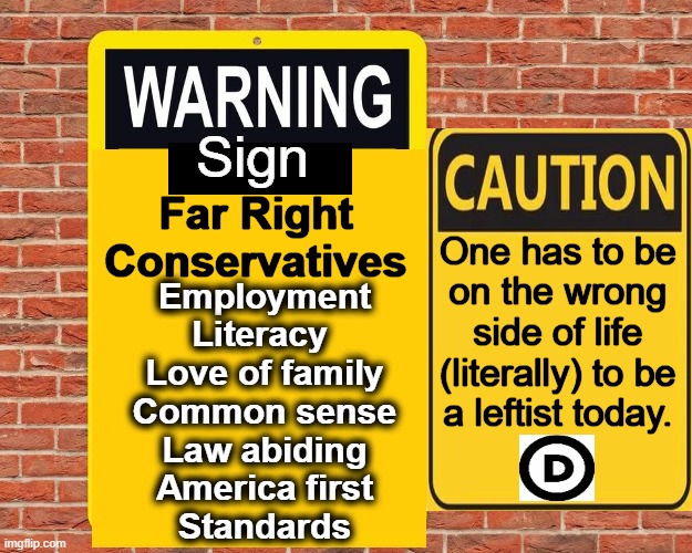 Signs of the Times | Sign; Far Right
Conservatives; One has to be 
on the wrong 
side of life 
(literally) to be 
a leftist today. Employment
Literacy 
Love of family
Common sense
Law abiding
America first
Standards | image tagged in the truth,liberals vs conservatives,signs,good vs evil,values,morality | made w/ Imgflip meme maker