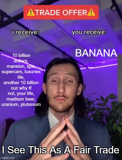 Trade Offer | 10 billion dollars, mansion, spa, supercars, luxuries life, another 10 billion cuz why tf not, your life, madison beer, uranium, plutonium; BANANA; I See This As A Fair Trade | image tagged in trade offer,money,funny,funny memes,uranium,fun | made w/ Imgflip meme maker