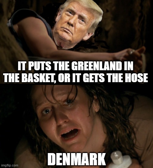 Greenland | IT PUTS THE GREENLAND IN THE BASKET, OR IT GETS THE HOSE; DENMARK | image tagged in buffalo bill | made w/ Imgflip meme maker