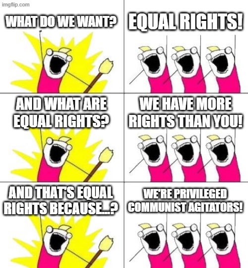 In the liberal mind there are no common definitions, words only mean what they say they mean. | WHAT DO WE WANT? EQUAL RIGHTS! AND WHAT ARE EQUAL RIGHTS? WE HAVE MORE RIGHTS THAN YOU! AND THAT'S EQUAL RIGHTS BECAUSE...? WE'RE PRIVILEGED COMMUNIST AGITATORS! | image tagged in memes,what do we want 3 | made w/ Imgflip meme maker