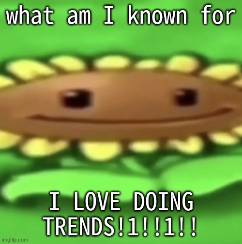 Pvz sunflower | what am I known for; I LOVE DOING TRENDS!1!!1!! | image tagged in pvz sunflower | made w/ Imgflip meme maker