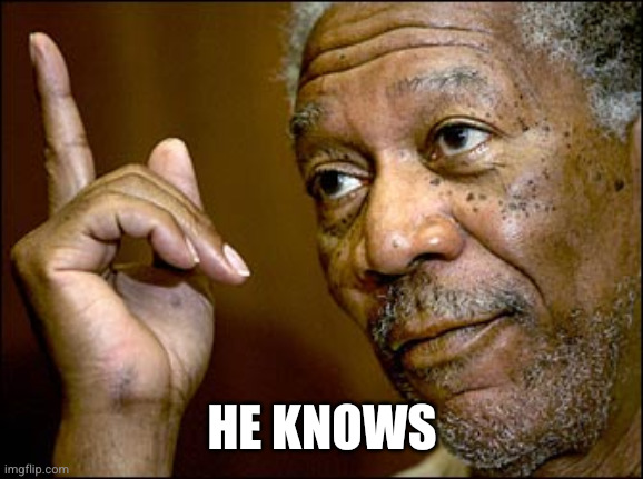 Morgan Freeman pointing | HE KNOWS | image tagged in morgan freeman pointing | made w/ Imgflip meme maker